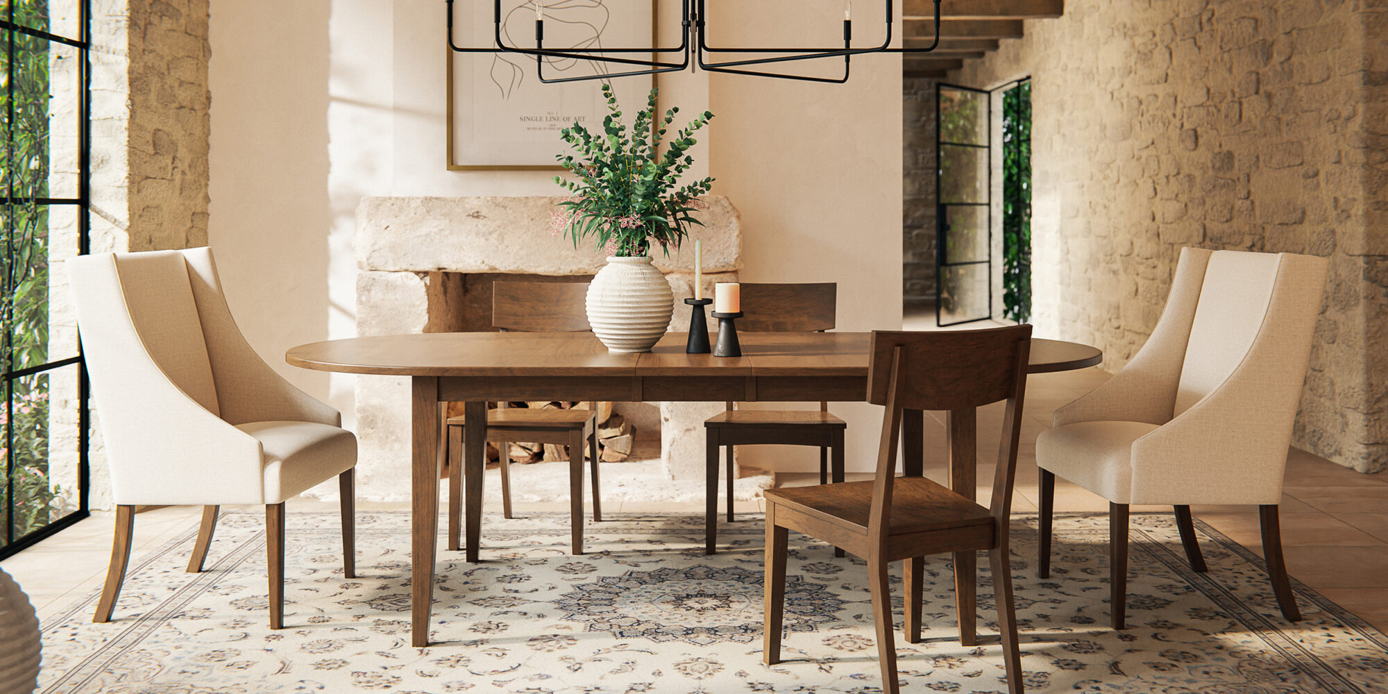 A large modern dining room area with a wooden table with 3 matching chairs and 2 fancy chairs