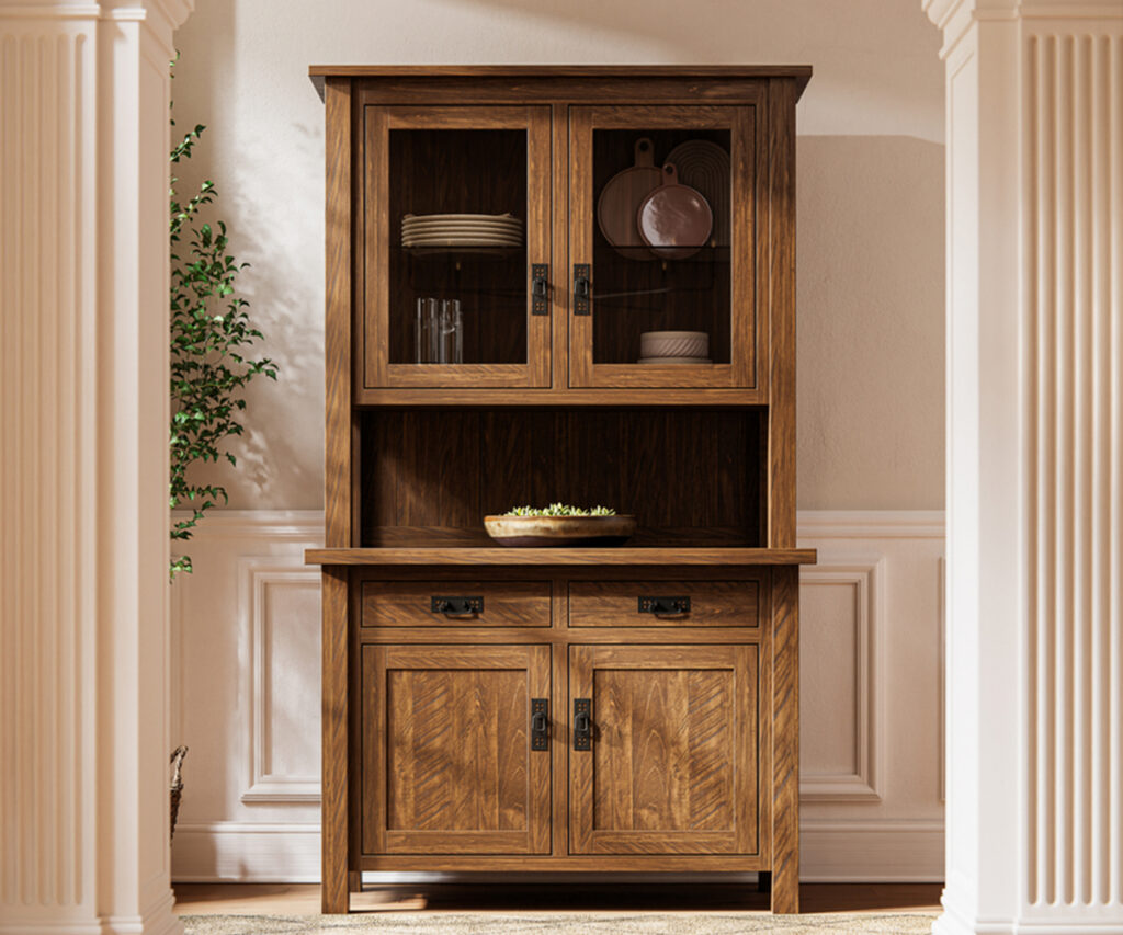 Solid wood Amish hutch with glass-door top, showcasing sustainable, locally sourced craftsmanship.