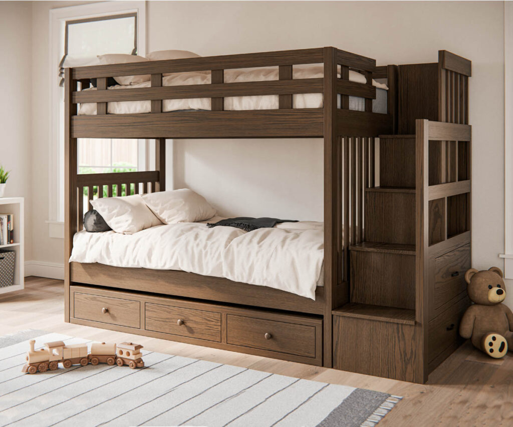 Solid wood bunk bed with stairs and storage drawers in a kids bedroom.