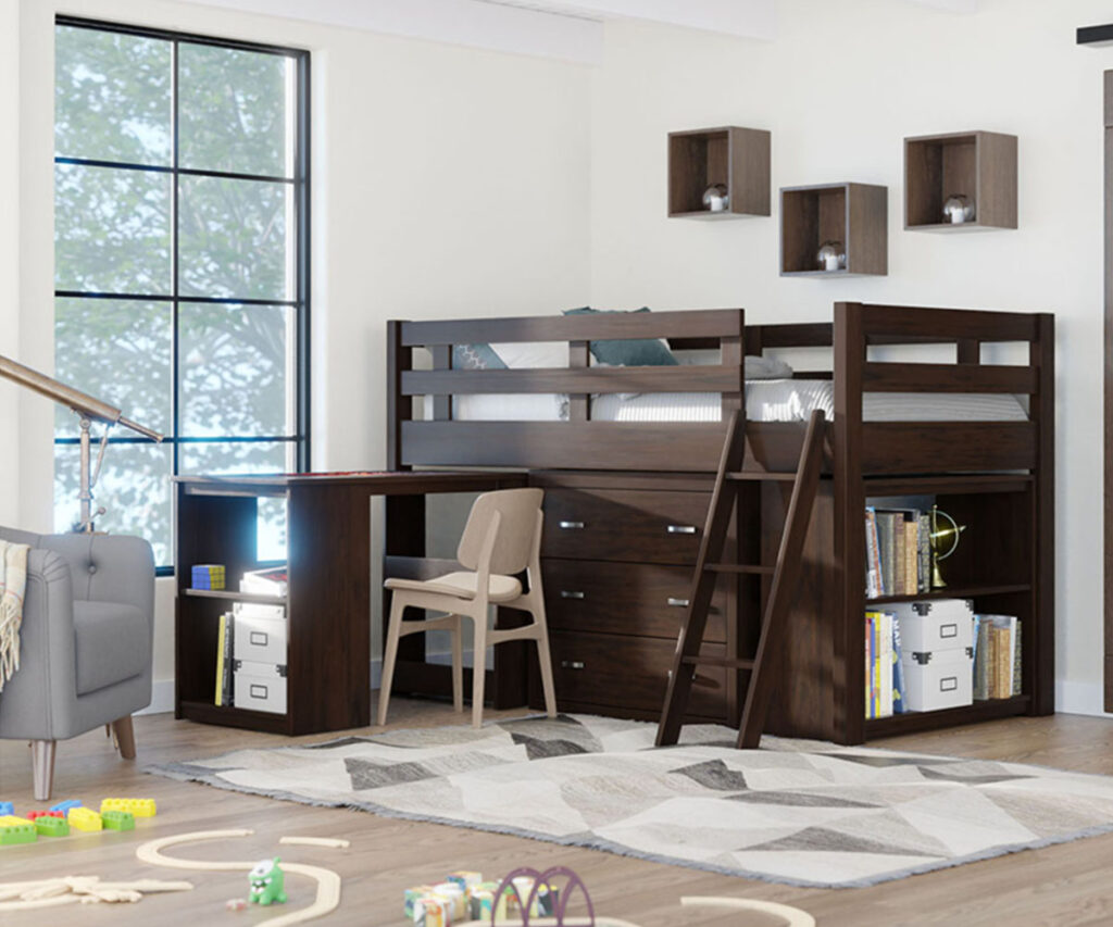 Solid wood loft bed with desk, ladder, drawers, and bookcase storage.