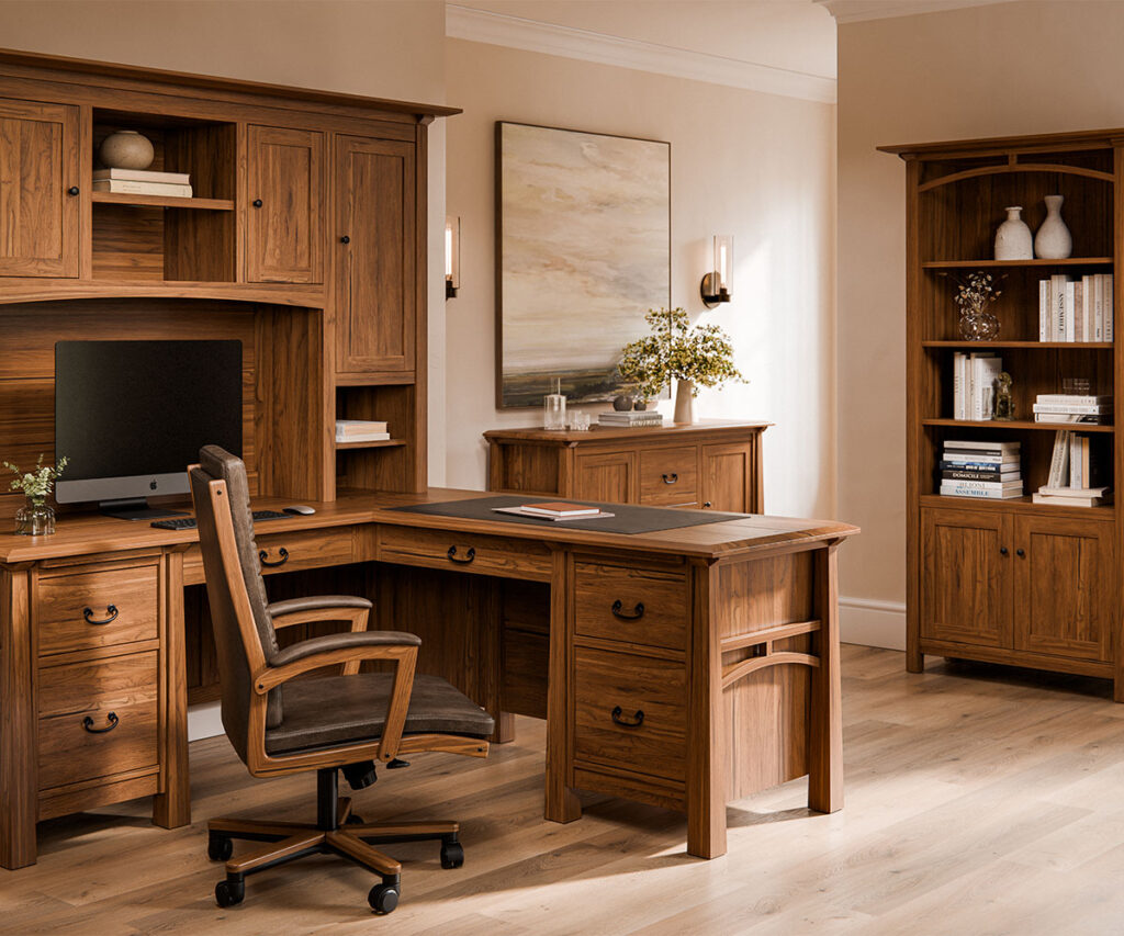 Solid wood Amish home office furniture—L-shaped desk, hutch, and bookcase in warm finish.