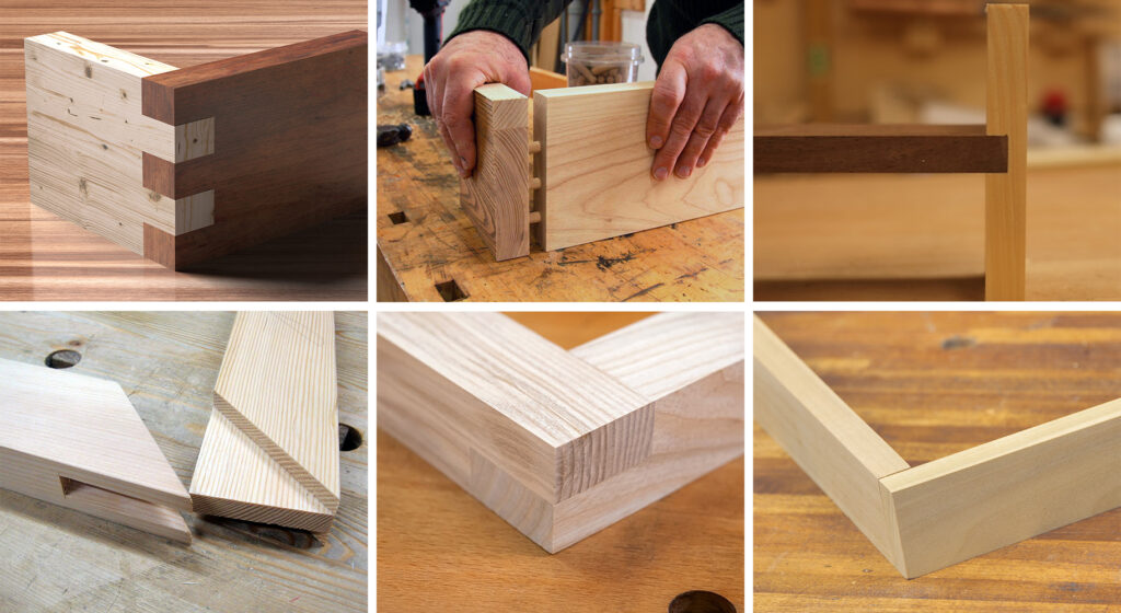 Collage of dovetail and mortise-and-tenon joints in Amish handcrafted solid wood furniture.
