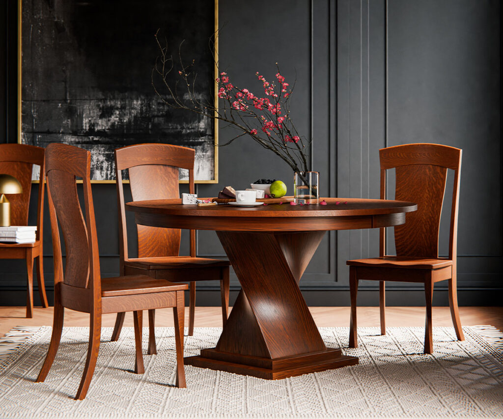 Solid wood Amish round pedestal table and chairs in a timeless dining room.