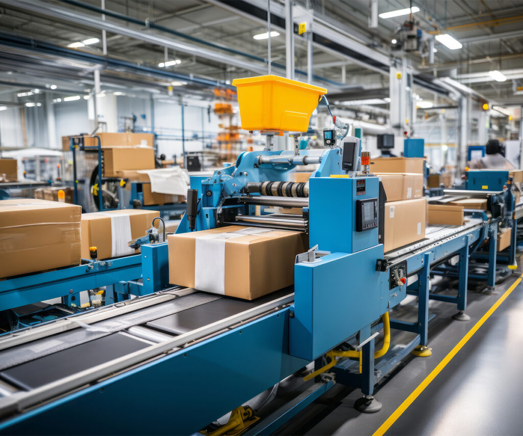 Automated factory conveyor moving boxed products—illustrates mass-produced furniture assembly versus Amish craftsmanship.