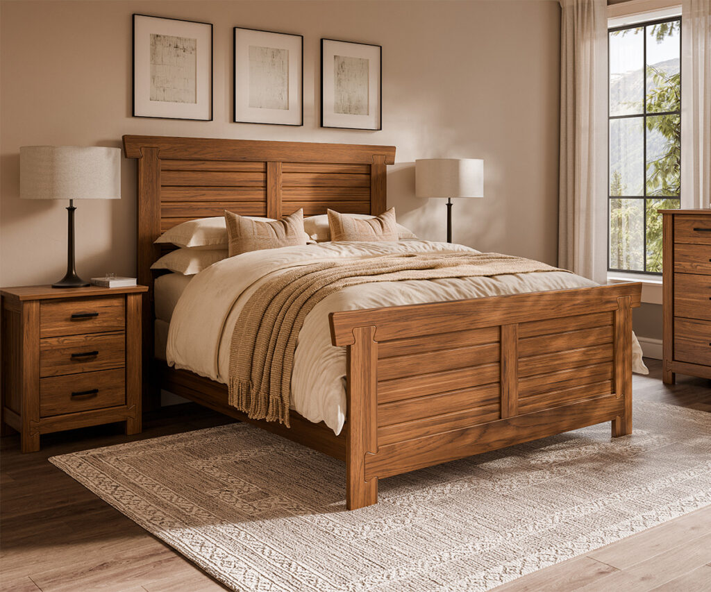 Solid wood bed with matching nightstand in a warm neutral bedroom.