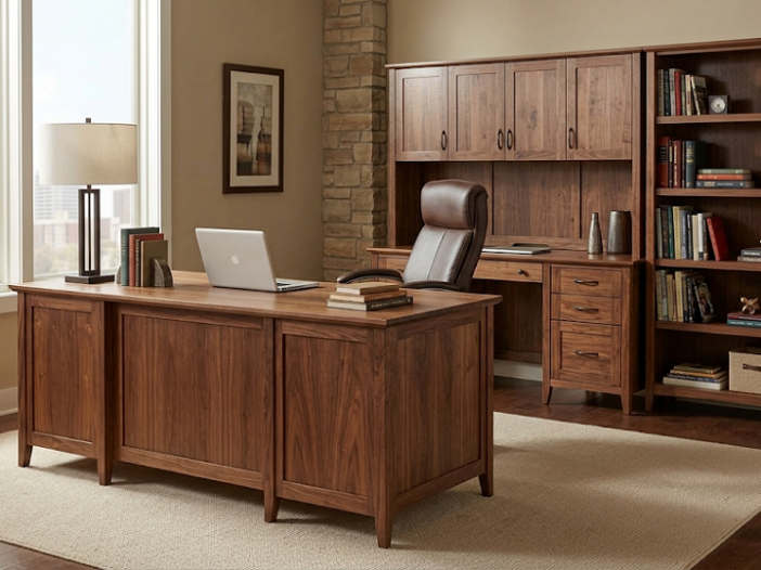 This photograph showcases a set of handcrafted solid wood office furniture, including a large walnut executive desk, a matching credenza, and a tall bookcase. The natural wood grain and warm lighting create a professional yet inviting atmosphere, with a subtle glimpse of the Tulsa skyline in the background
