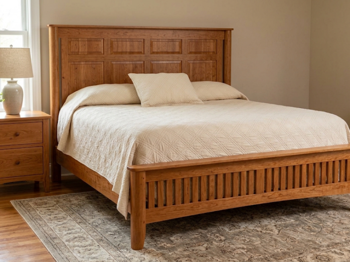 A handcrafted cherry wood Amish bed frame, featuring a high, paneled headboard and intricate, visible joinery at the footboard, takes center stage in a naturally lit bedroom. The detailed mortise-and-tenon construction is visible in the bed's solid hardwood frame.